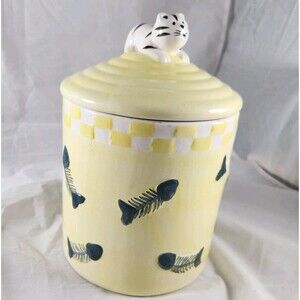 Alco Yellow Ceramic Cat Kitty Treat Cookie Jar Fish Bones Skeleton